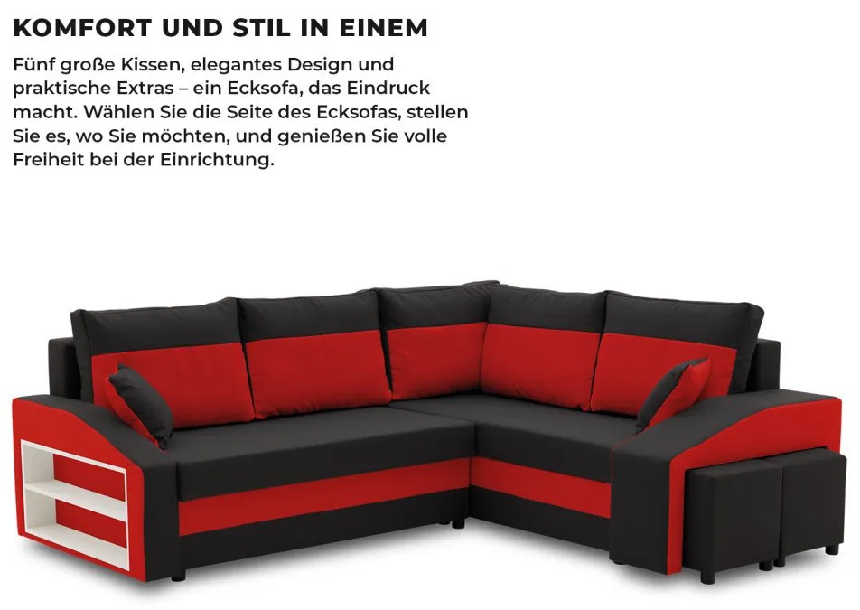 Grande sarokkanapé polcokkal és puffokkal , polc a bal karfaban puffok a jobb karfaban, jobboldali, szövet anyag, hab töltet, fekete - piros