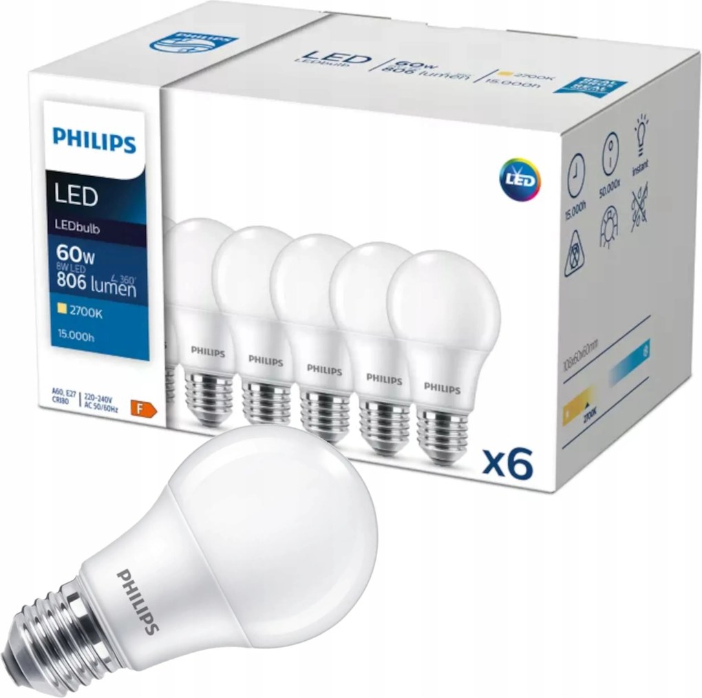 Led izzó E27 6x Philips 8W 60W 806lm Meleg szín 2700K LEDbulb