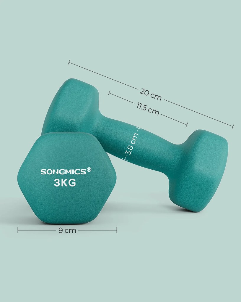 2 db-os neoprén hatszögletű súlyzókészlet, 2 x 3 kg, kékeszöld