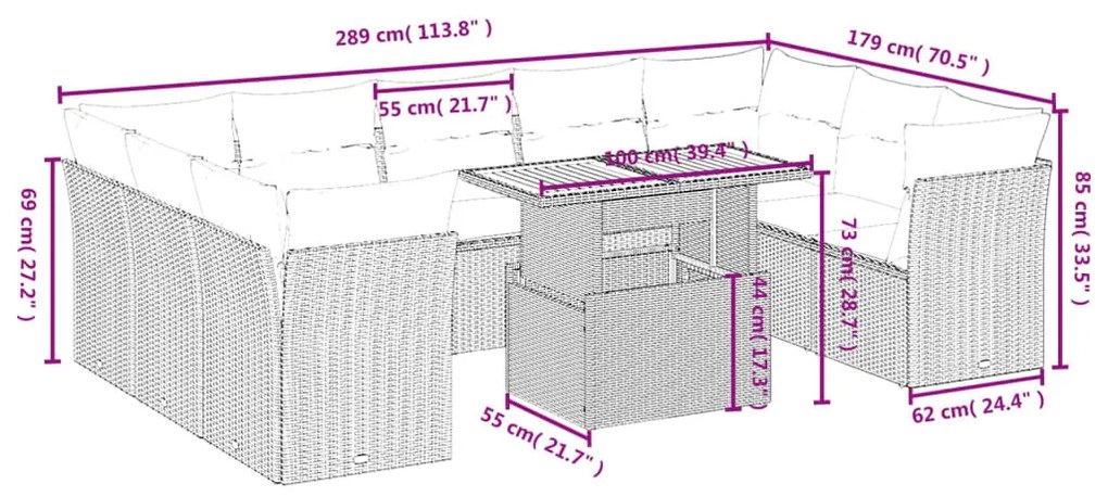 10 részes bézs polyrattan kerti ülőgarnitúra párnával