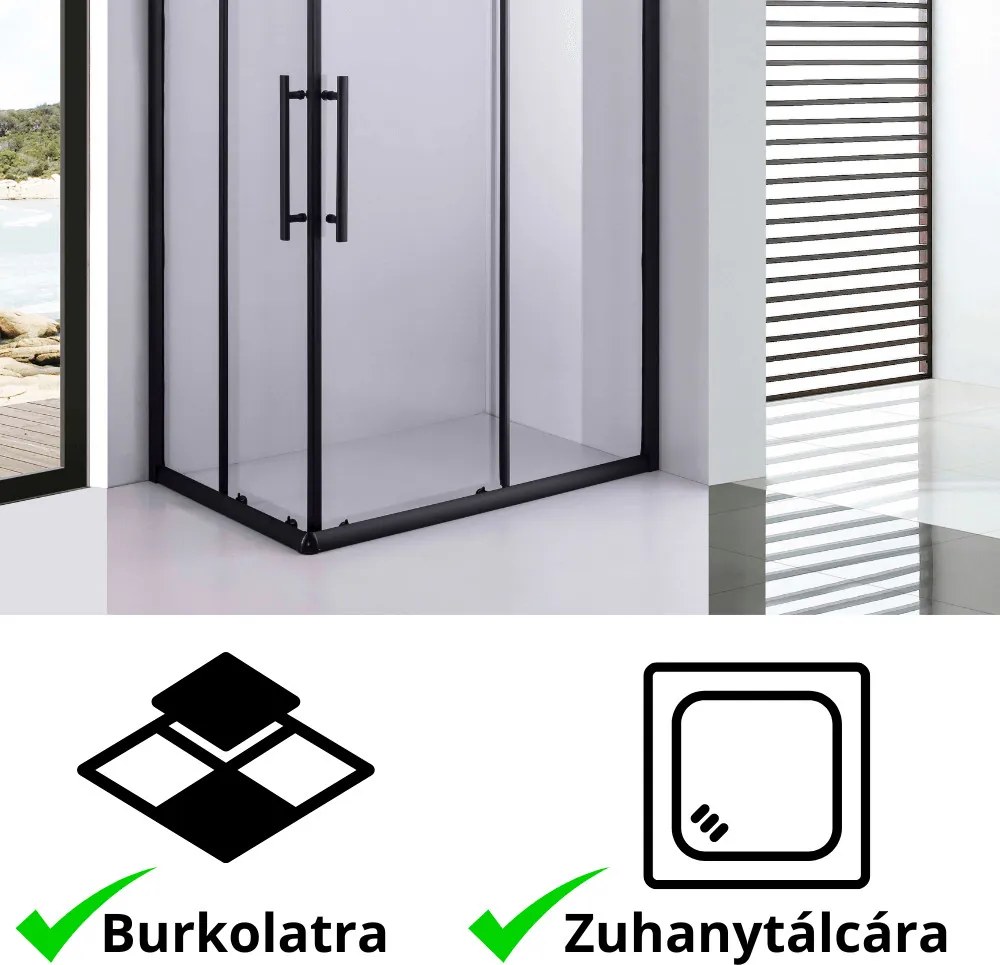 Stuxi Nizza Black 100x90 cm aszimmetrikus két tolóajtós zuhanykabin 6 mm vízlepergető biztonsági üveggel, fekete elemekkel, 190 cm magas