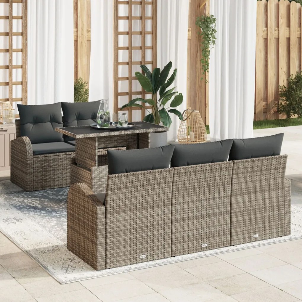 6 Darabos Kerti Kanapé Készlet Párnákkal Szürke Poly Rattan, 2-Fős Kerti Kanapé Tárolóval és Párnákkal Szürke Poly Rattan