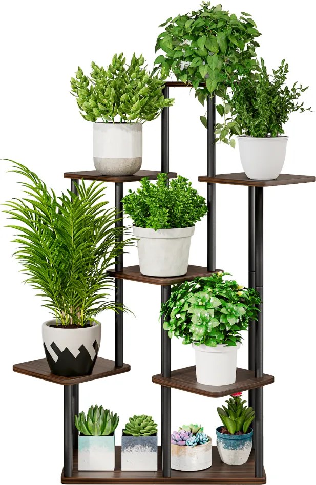 Fém virágállvány, fekete/rusztikus fa, ADITE TYP 2