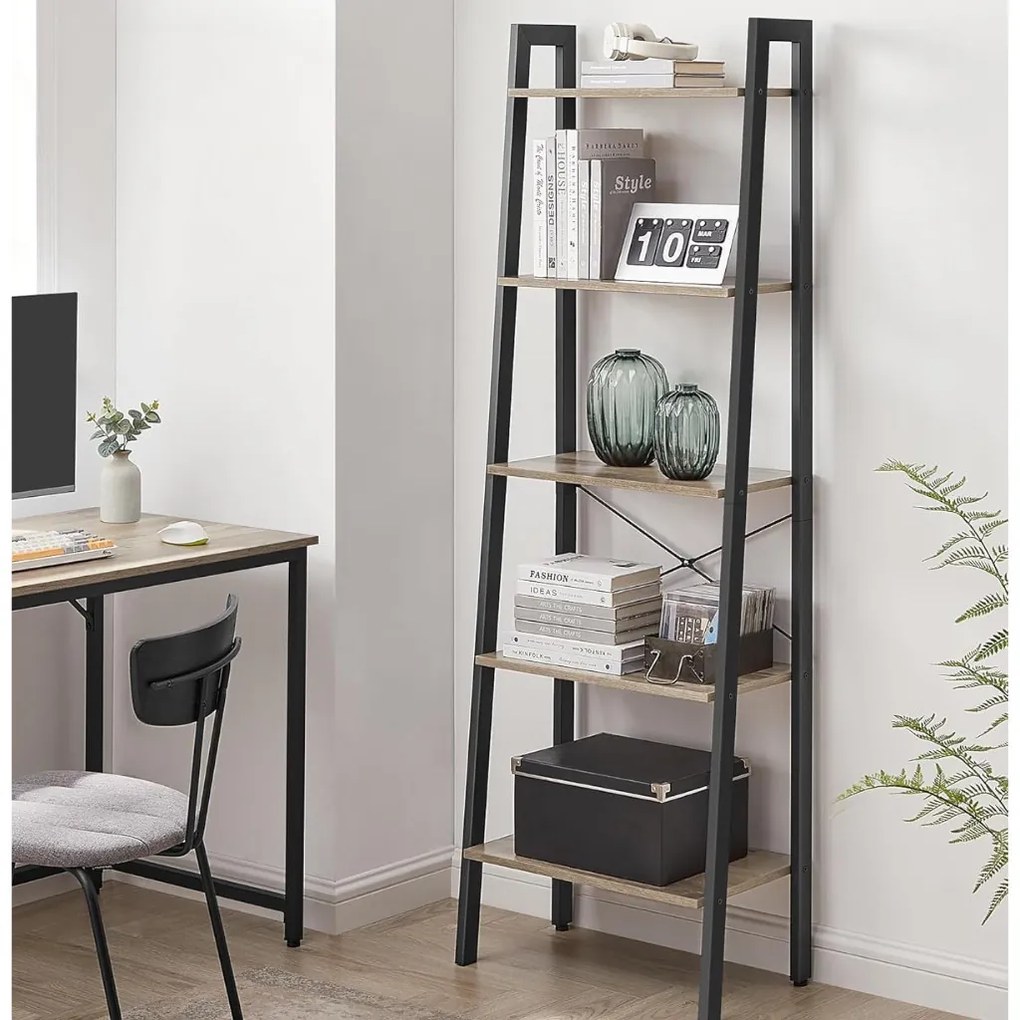 KÉSZLETKISÖPRÉS! Intenso Home 5 szintes nyitott könyvespolc / virágállvány 56 x 172cm, döntött design, modern tölgy szín | Univerzális tároló állvány fém lábakkal