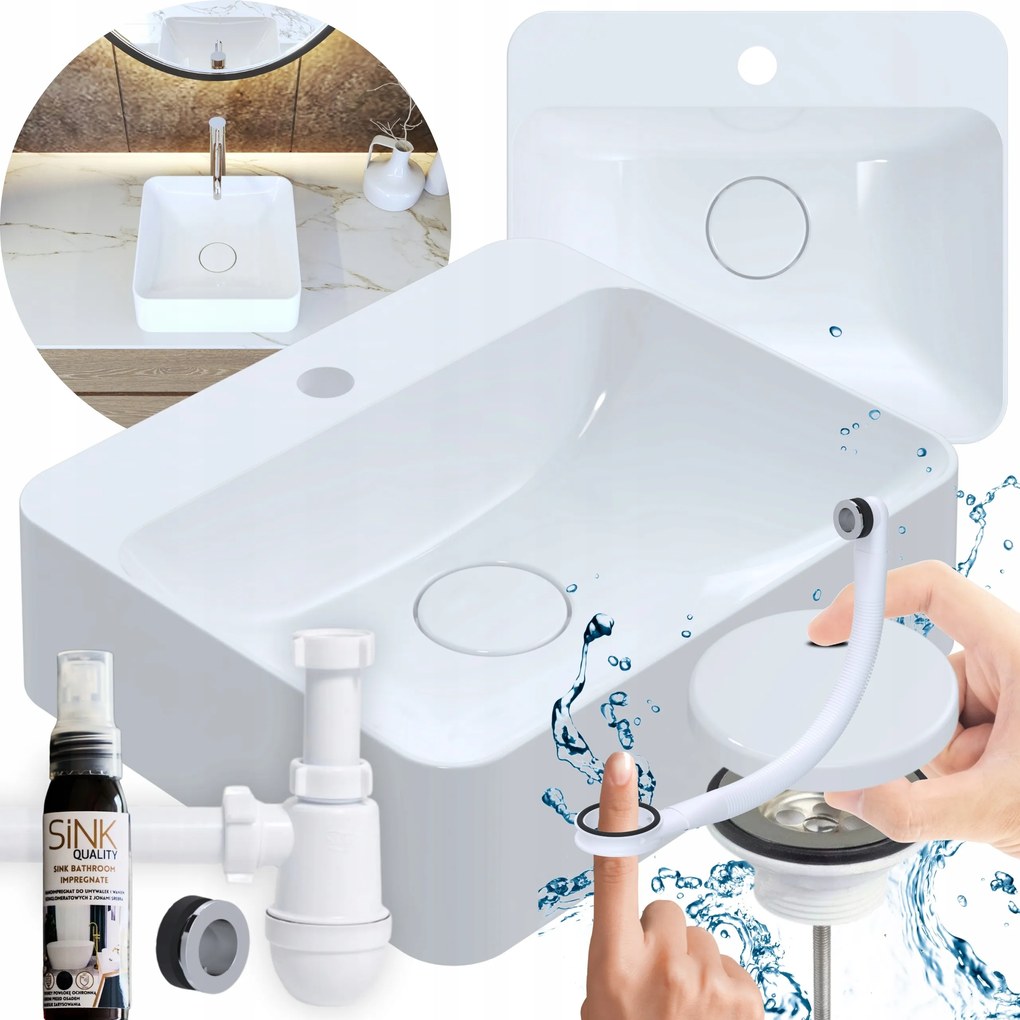 Mosdókagyló asztali konglomerátum Túlfolyószifonnal És Impregnálóval Fehér 7in1