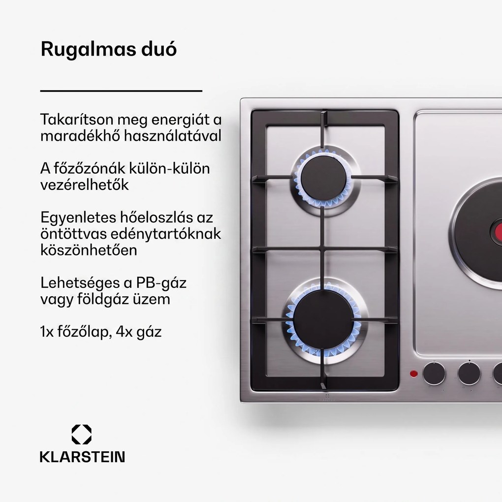 Klarstein MultiChef 5 Hot Plate, villany és gáz főzőlap, 5 főzőzóna, 4 égő, 1 villany főzőlap