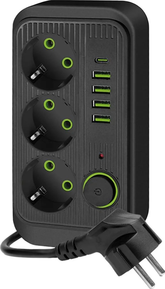 Aljzatelosztó kapcsolóval LINEA 3x230V + 5xUSB A/C 1,5 m SCHUKO fekete