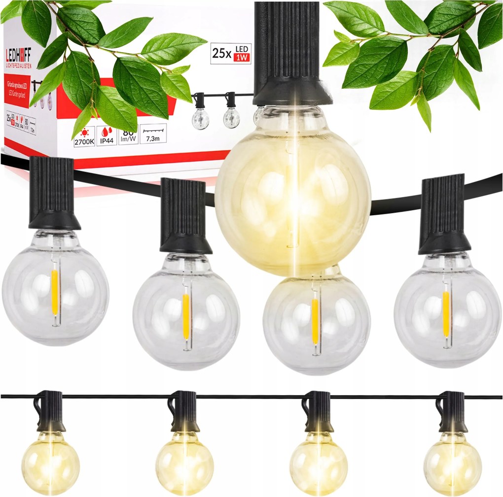 Kerti Fényfüzér 7,3m 25 izzó Erkély Terasz Kültéri Áram