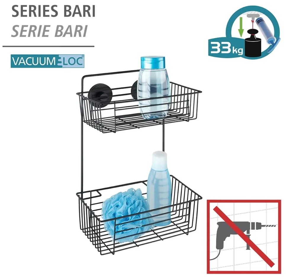 Vacuum-Loc® Pavia fekete fali kétszintes fürdőszobai polc - Wenko