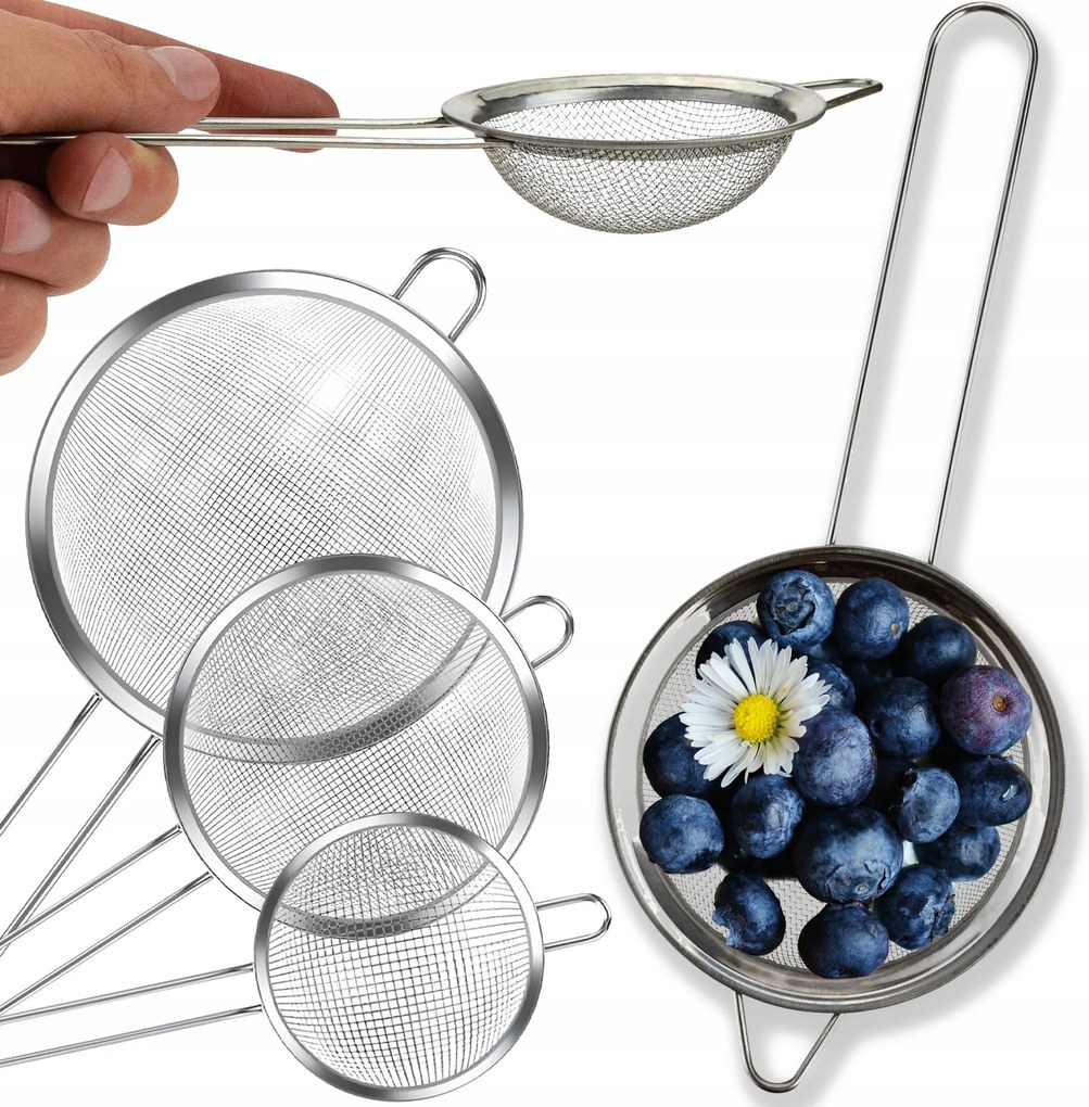 3x Rozsdamentes Acél Konyhai Szűrő Szett 3DB-OS Szett Szűrő Durszlak Fogantyúval