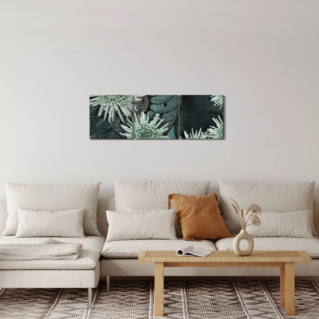 Kép - Zöld virágok (órával) (90x30 cm)