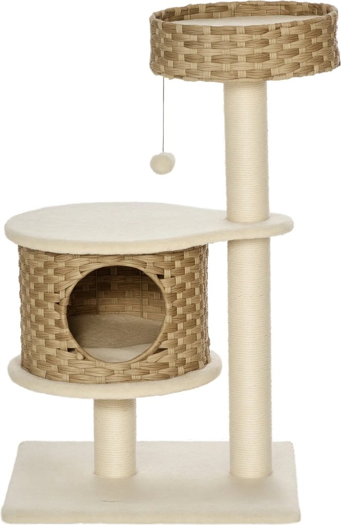 PawHut Rattan Macska Fa 95 cm Magas 3-Szintes Macska Fa Platformmal, Macska Ággyal, Mászó Fa Macska Barlanggal, Szizál Kérgekkel, Játék Labdákkal - Te