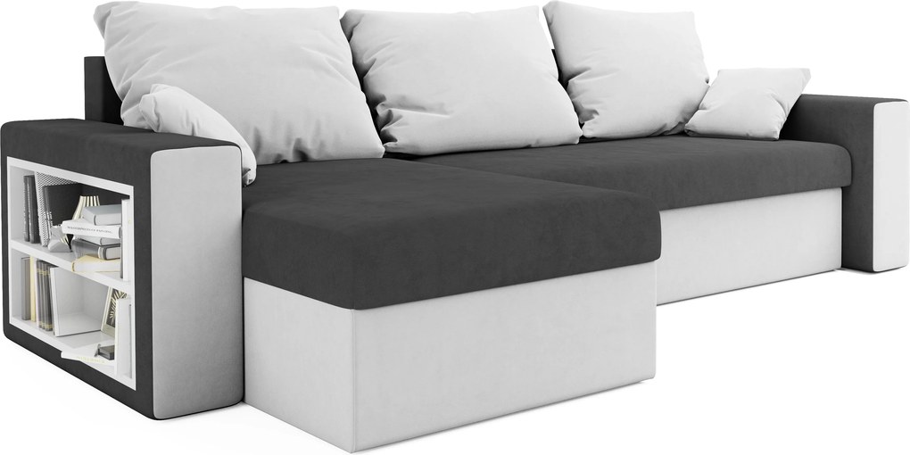 Kihúzható, kétoldalas L alakú kanapé NORIX 240x140 cm, szürke/fehér polccal + 2 díszpárna ingyen