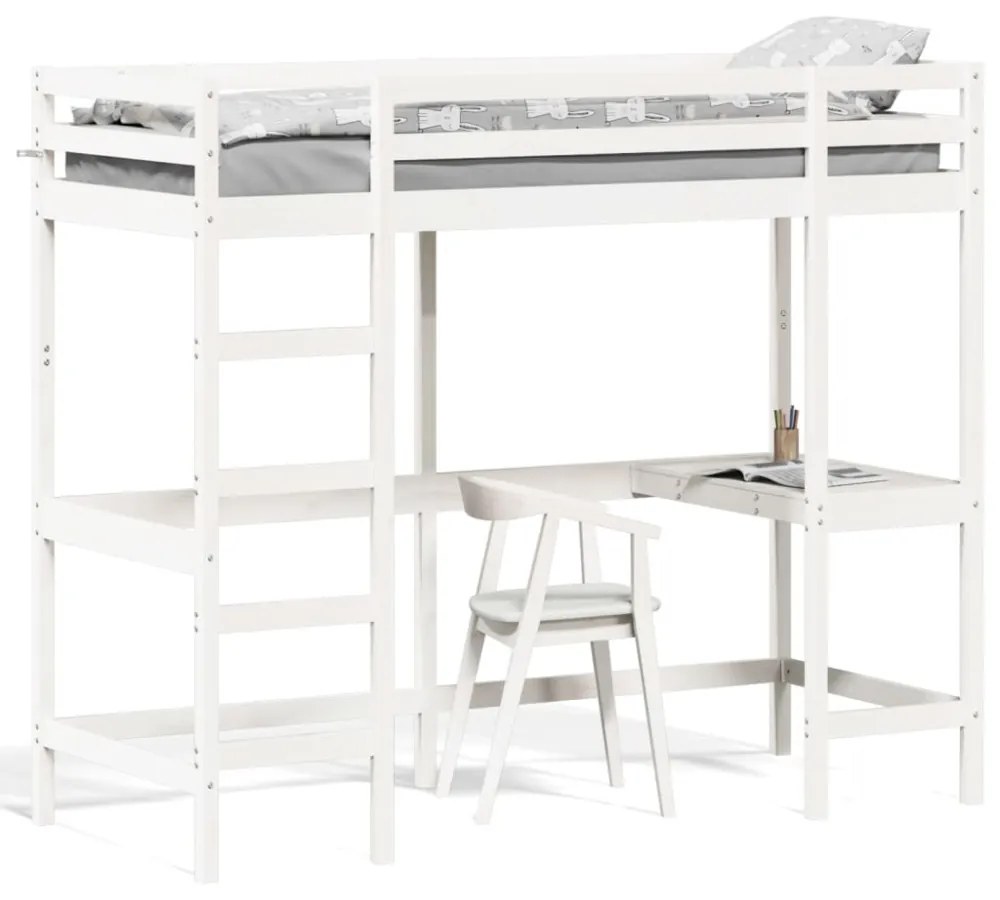 fehér tömör fenyőfa galériaágy íróasztallal 80 x 200 cm