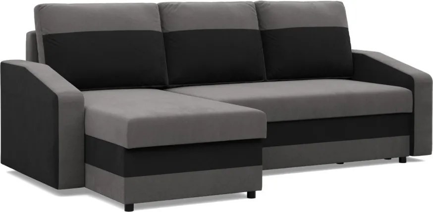 Hewlet sarokkanapé, 2 ágyneműtartóval, szövet anyag, univerzális oldal, bonell töltet, szürke - fekete