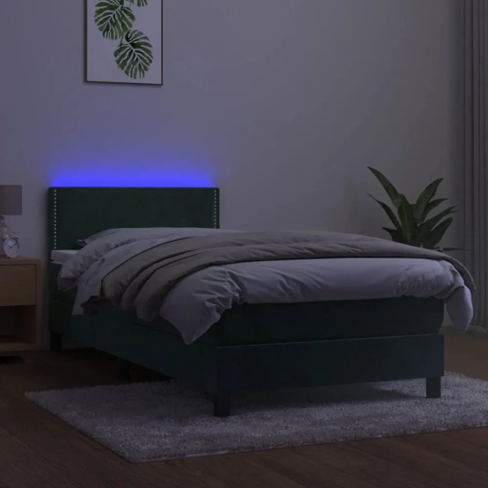 sötétzöld bársony rugós és LED-es ágy matraccal 80 x 200 cm