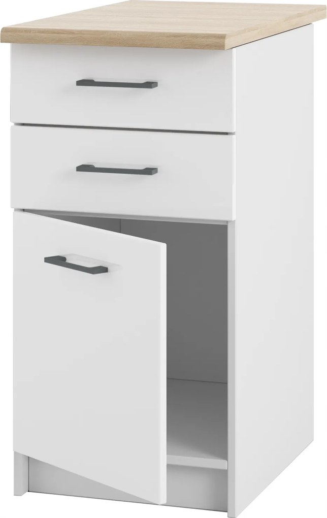 Alsó Álló Konyhaszekrény Fiókokkal Fehér Akril Fényes és Asztallap 40 CM