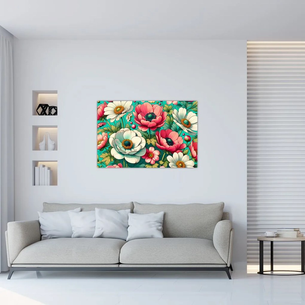 Kép - Virágok kék háttéren (90x60 cm)