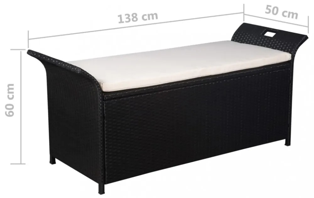 fekete polyrattan tárolópad párnával 138 cm