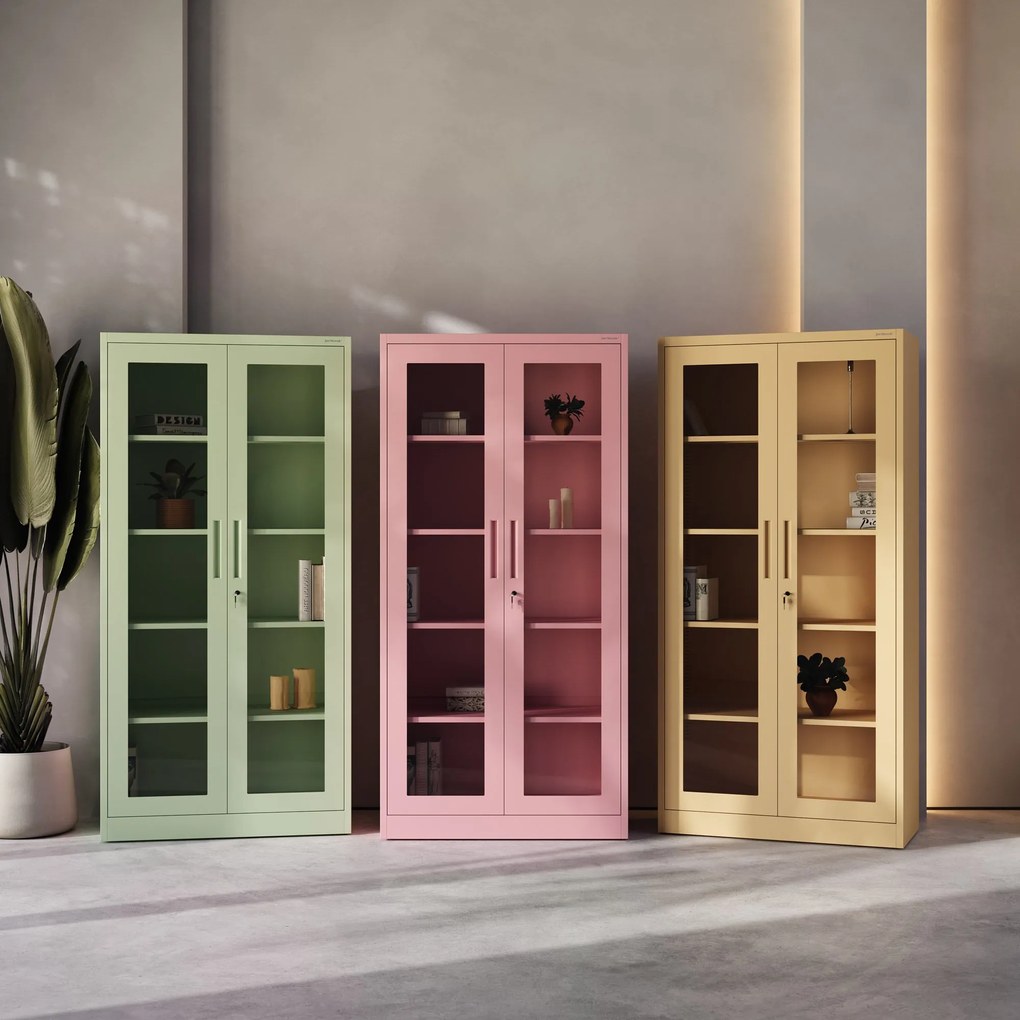 Vitrines szekrény AMELIA, 900 x 1850 x 400 mm, Fresh Style: púderrózsaszín