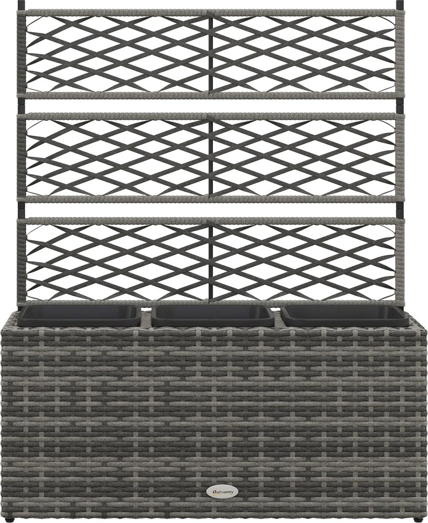 Outsunny Növényláda trellis-szel, 3 cserép virágbox 33L, kertekbe, erkélyre, teraszra kültérre, fonott műgyanta és acél, 84 x 30 x 107 cm, szürke-feke