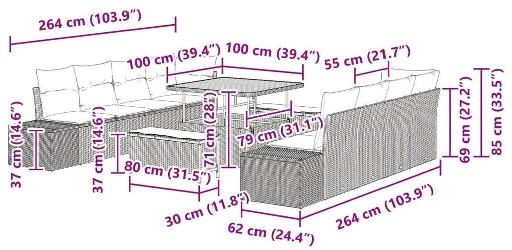 11 darabos kerti kanapé szett párnákkal fekete poli rattan akáciával, 2 személyes kerti kanapé párnákkal fekete poli rattan, 3 darabos kerti étkező szett párnákkal fekete poli rattan akáciával