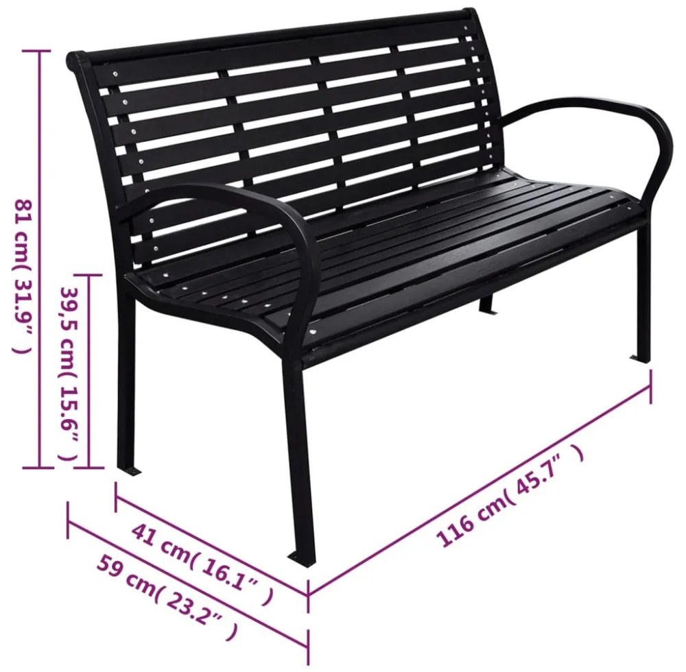fekete acél és WPC kerti pad 116 cm