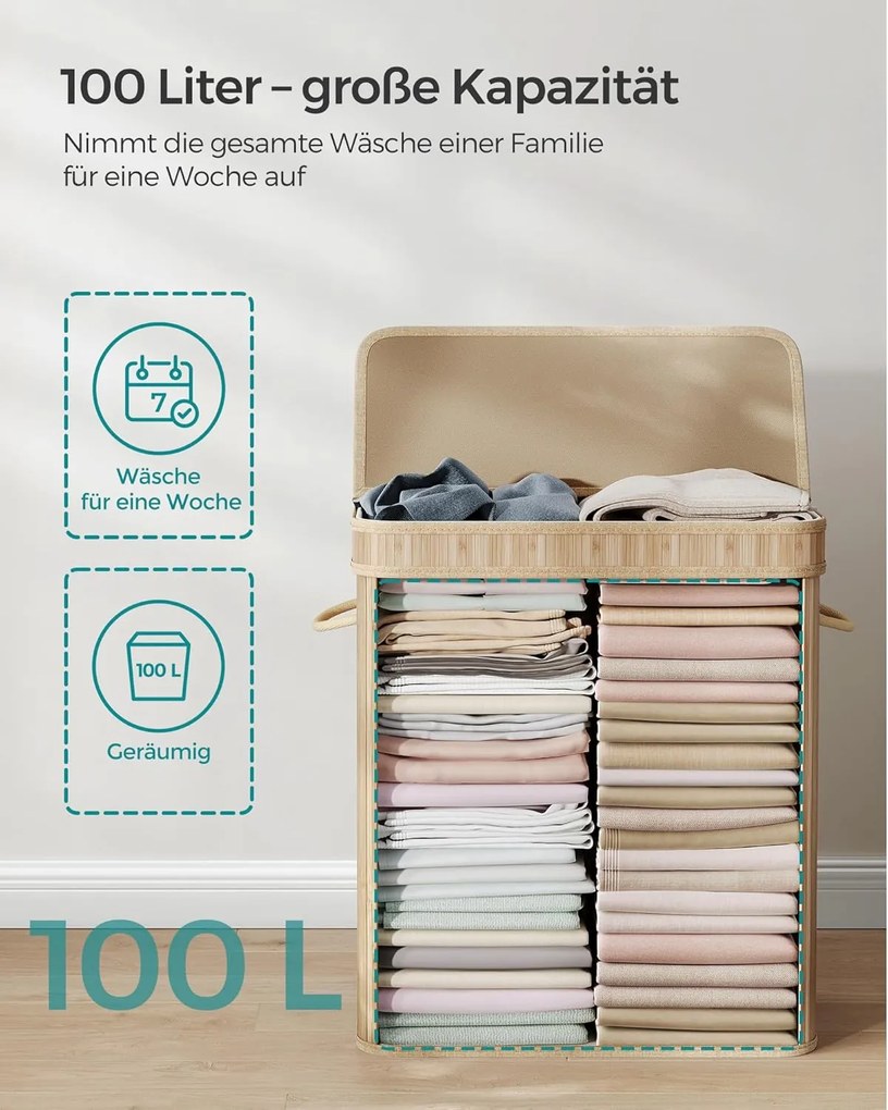 Ruháskosár fedéllel, 100 l-es bambusz szennyestartó
