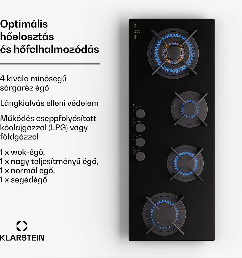 Klarstein Goldflame 4 Slim, gáz főzőlap, 4 égő, önálló, földgáz/propán, rozsdamentes acél