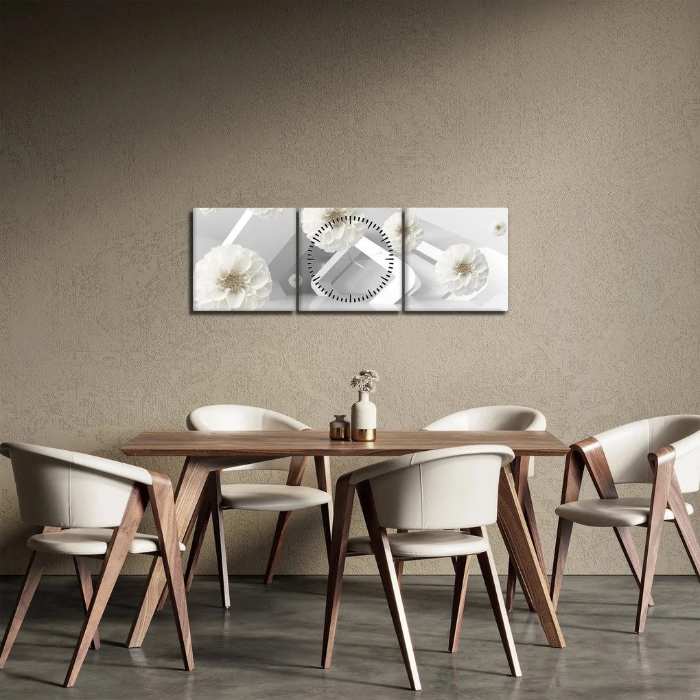 Absztrakt kép fehér virágokkal (órával) (90x30 cm)