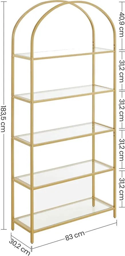 Fém tároló polc 5 szintes edzett üveg polcokkal, arany 83x30x183cm