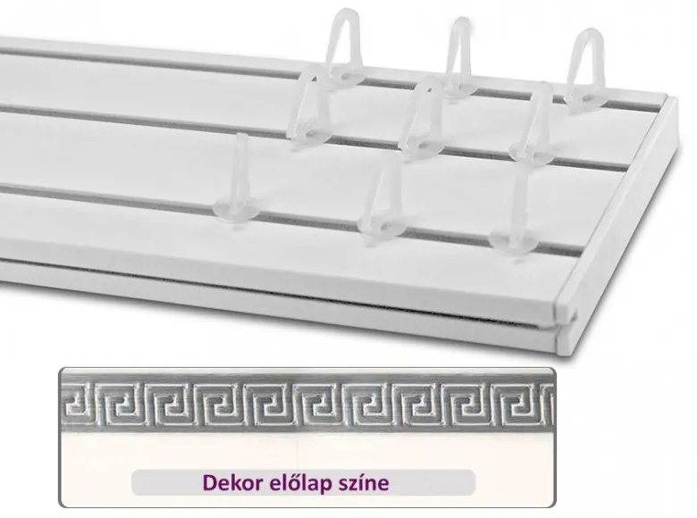 Fehér-ezüst görög mintás 45 mm-es előlapos háromsoros műanyag mennyezeti sínes karnis 250 cm-es szett