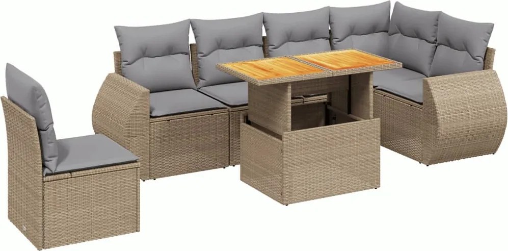 vidaXL 7 részes bézs polyrattan kerti ülőgarnitúra párnákkal