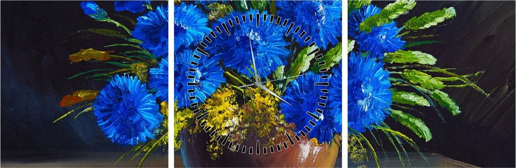 Kék virágok képe egy vázában (órával) (90x30 cm)
