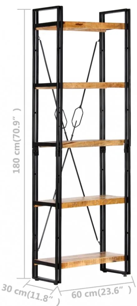 5 szintes tömör mangófa könyvespolc 60 x 30 x 180 cm