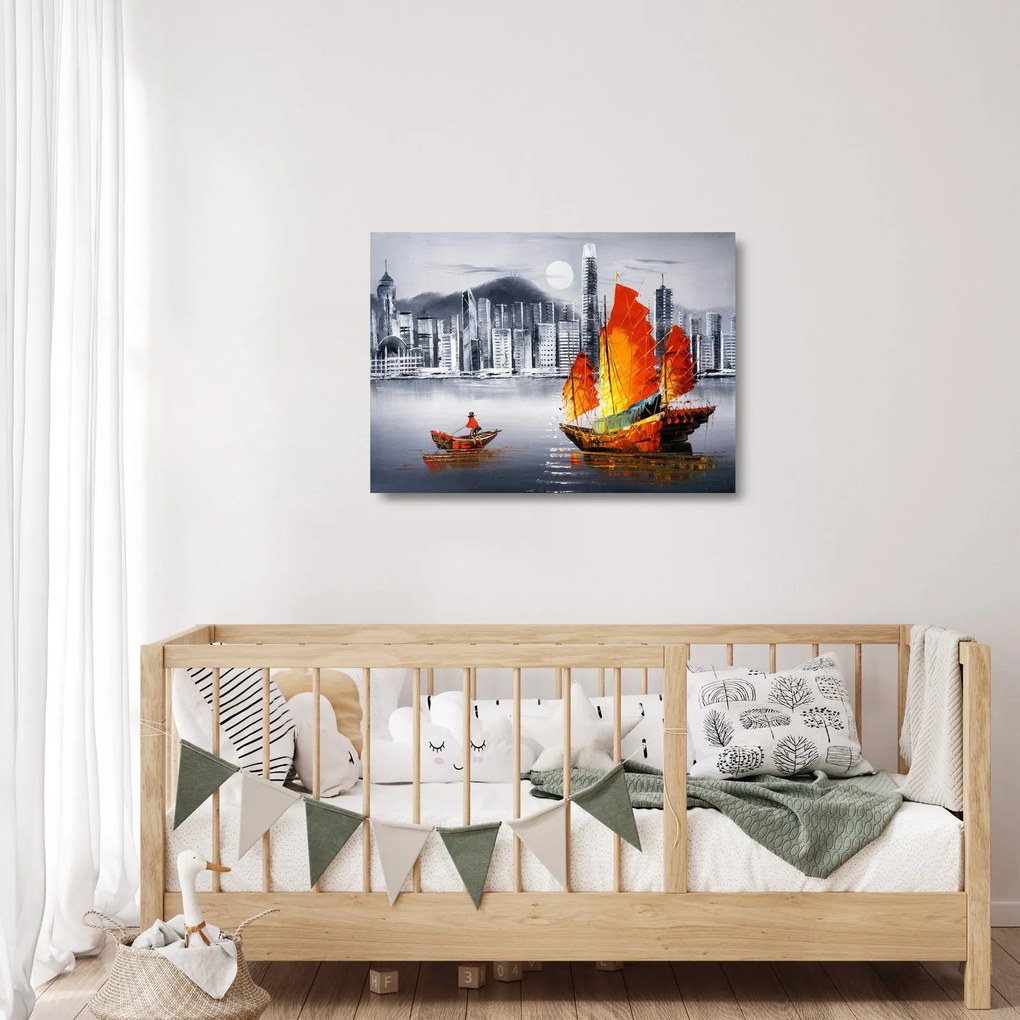 Festmény - Victoria Harbour, Hong Kong, fekete-fehér olajfestmény (üvegen) (70x50 cm)