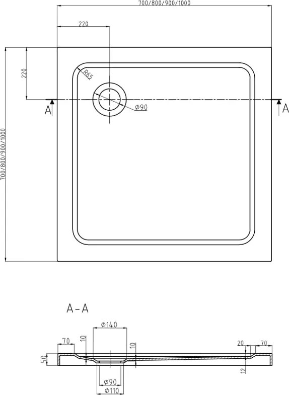 Mexen Flat slim négyzet alakú zuhanytálca 70 x 70 cm, fehér, króm szifon - 40107070