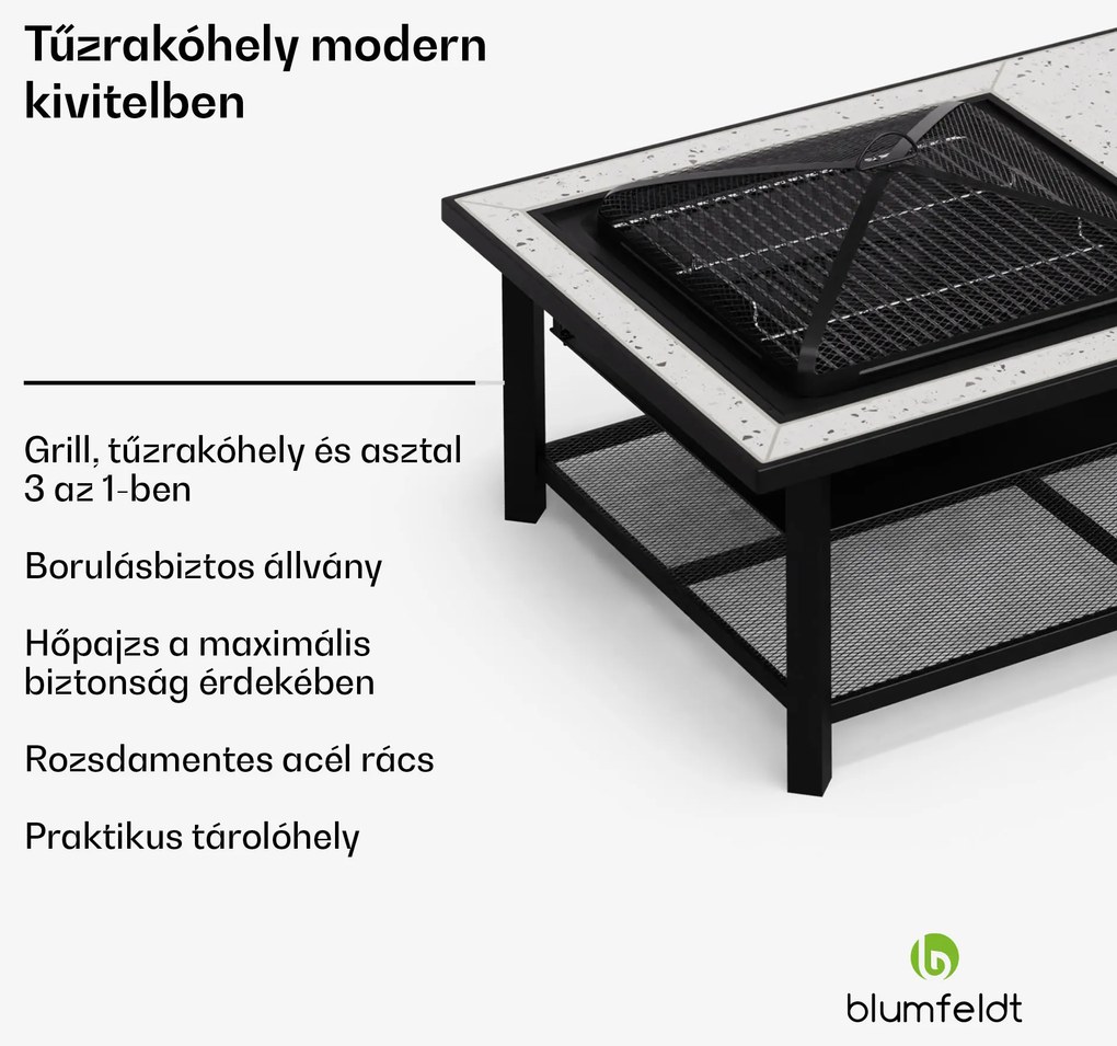 Blumfeldt Merano Avanzato L, 3 az 1-ben tűzrakóhely grill funkcióval, használható asztalként, 122 x 87 cm