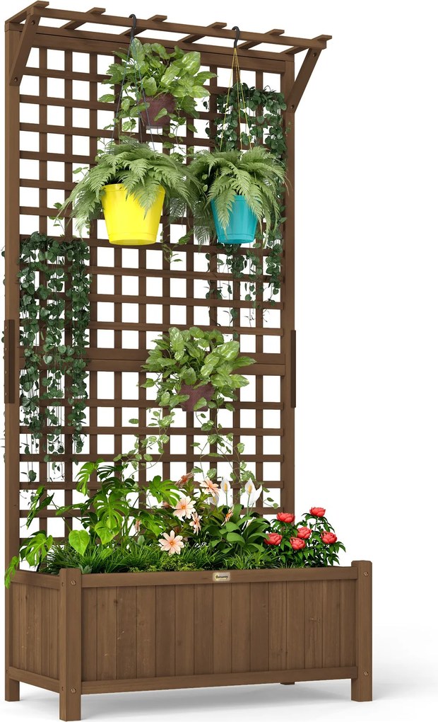 Outsunny Magaságyás Virágtartó Doboz Korláttal, Korlátos Virágtartó Fa, Kert Korlát 90 x 45 x 183 cm Kert, Erkély, Terasz, Virágcserép Kúszónövényekhe