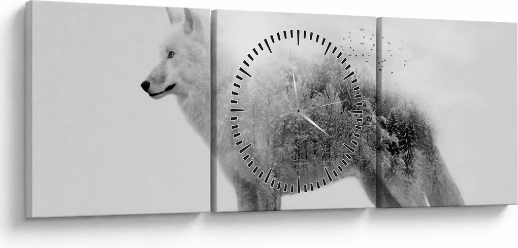 Kép - Vad tájat tükröző sarkvidéki farkas, fekete-fehér (órával) (90x30 cm)