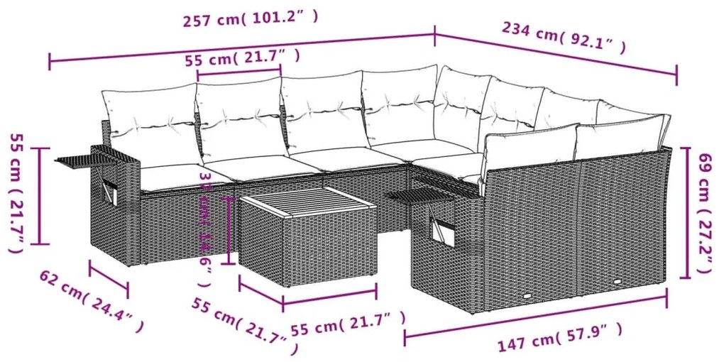 9 részes fekete polyrattan kerti ülőgarnitúra párnákkal