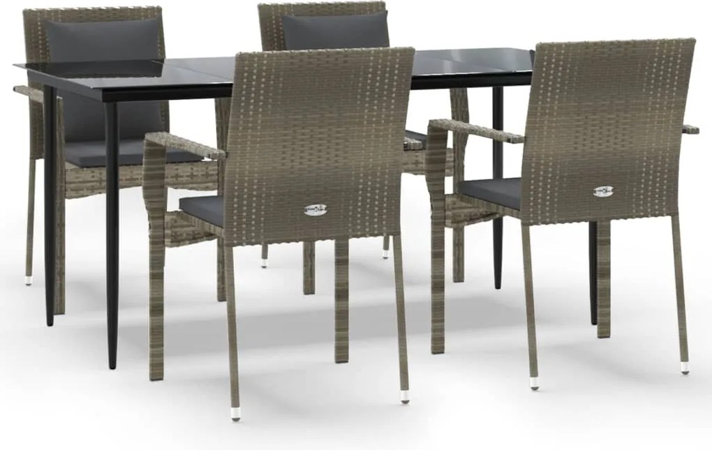 vidaXL 5 részes fekete és szürke polyrattan kerti étkezőszett párnával