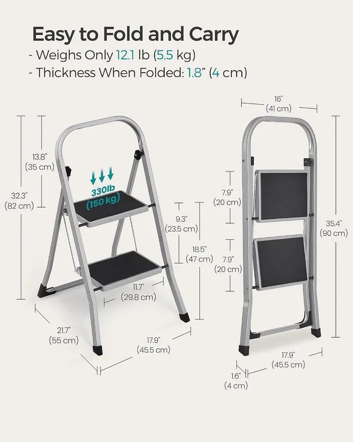 SONGMICS 2 Lépcsős Összecsukható Létrás Fellépő (150 kg Teherbírás), Szürke