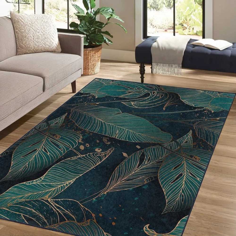 Petróleum színű mosható futószőnyeg 80x200 cm Midnight Jungle – Mila Home