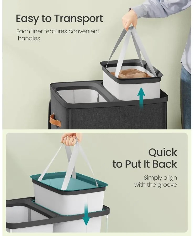 szennyeskosár 2 rekesszel, 170 l, 56 x 40 x 75 cm, fekete