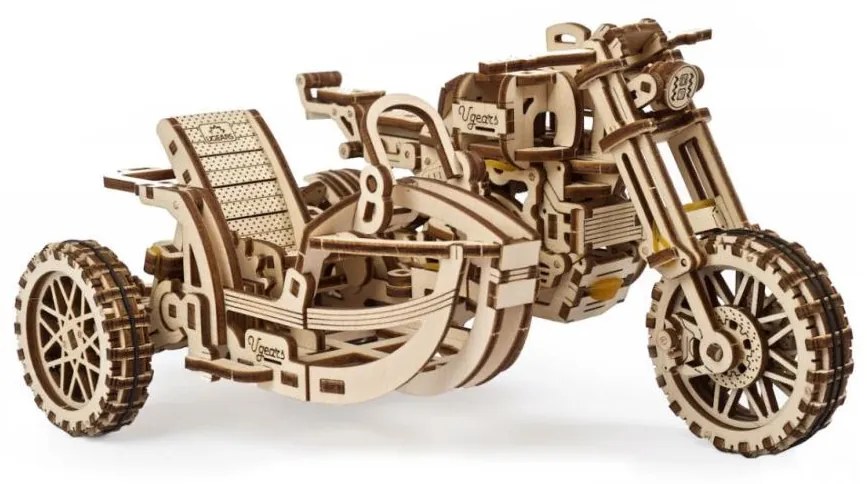 Ugears - 3D fa mechanikus puzzle Scrambler motorkerékpár kocsival