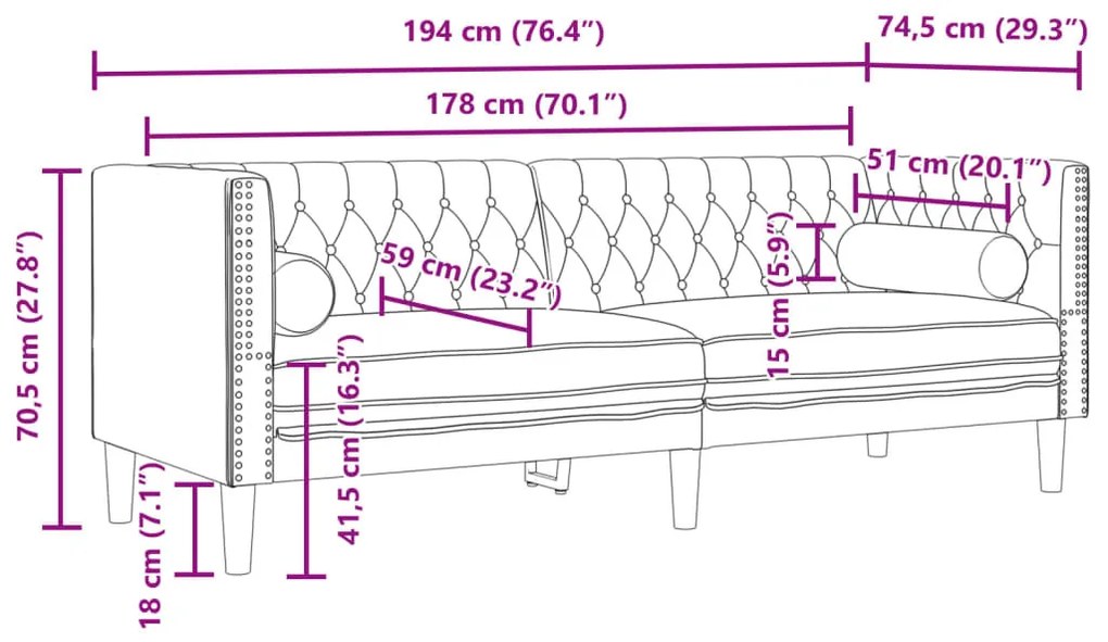 3 részes sárga bársony Chesterfield kanapészett hengerpárnákkal