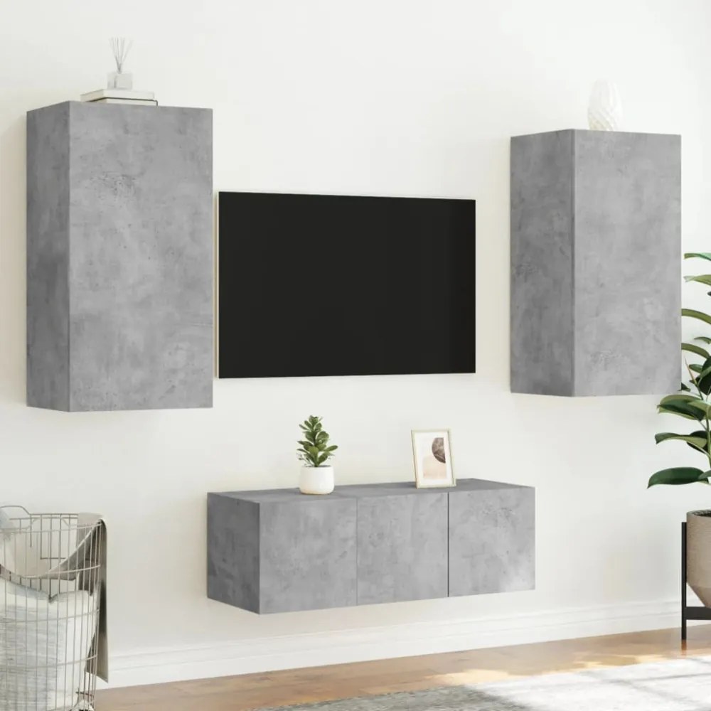 4 darab betonszürke szerelt fa fali TV-bútor LED-del