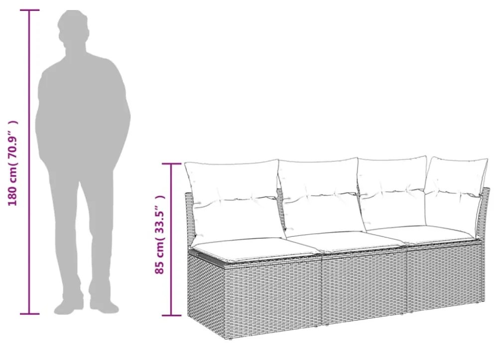 3 személyes barna polyrattan kerti kanapé párnával