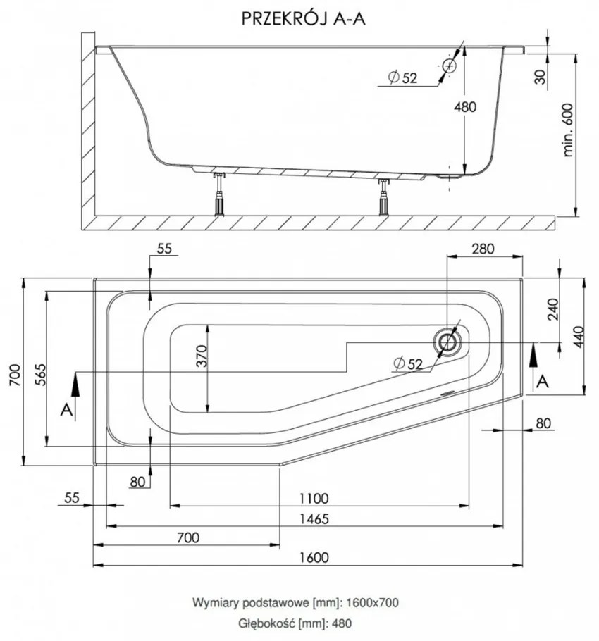 Keos 70x160x44 aszimmetrikus kád bal